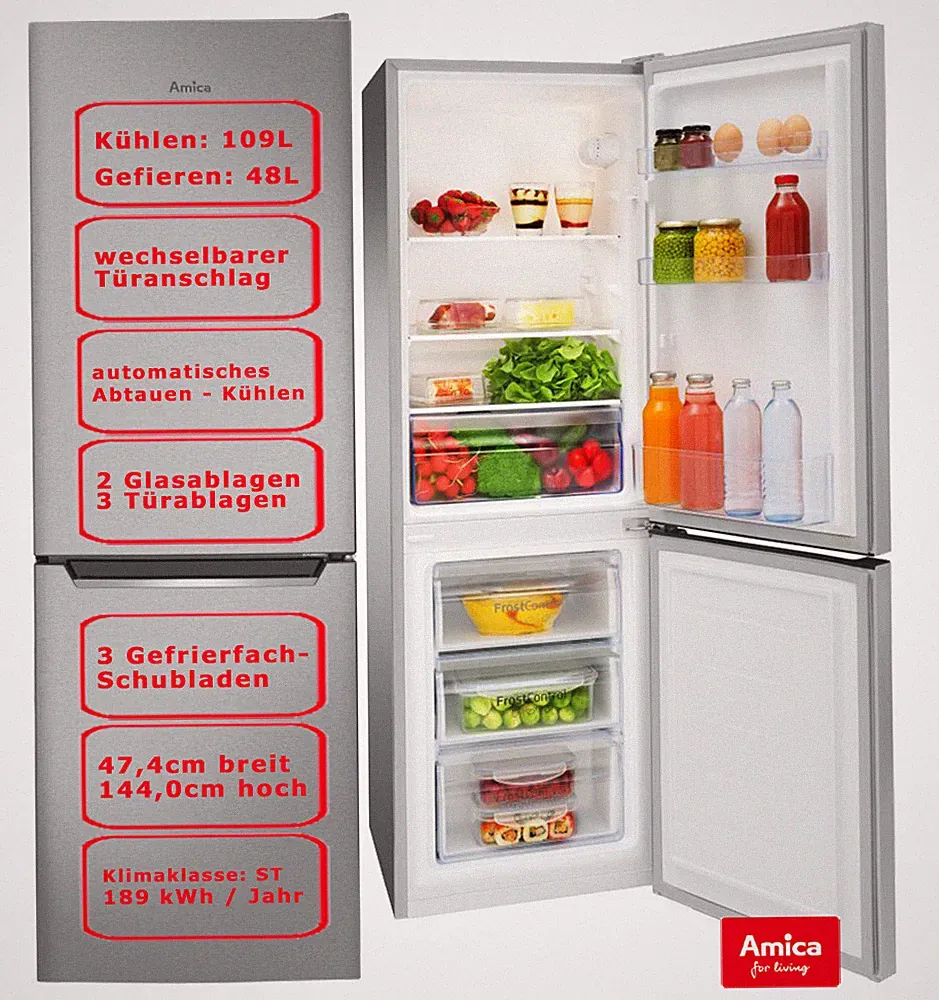 Amica Kühl-Gefrierkombination silber 157L 48cm breit 144cm hoch Kühlschrank