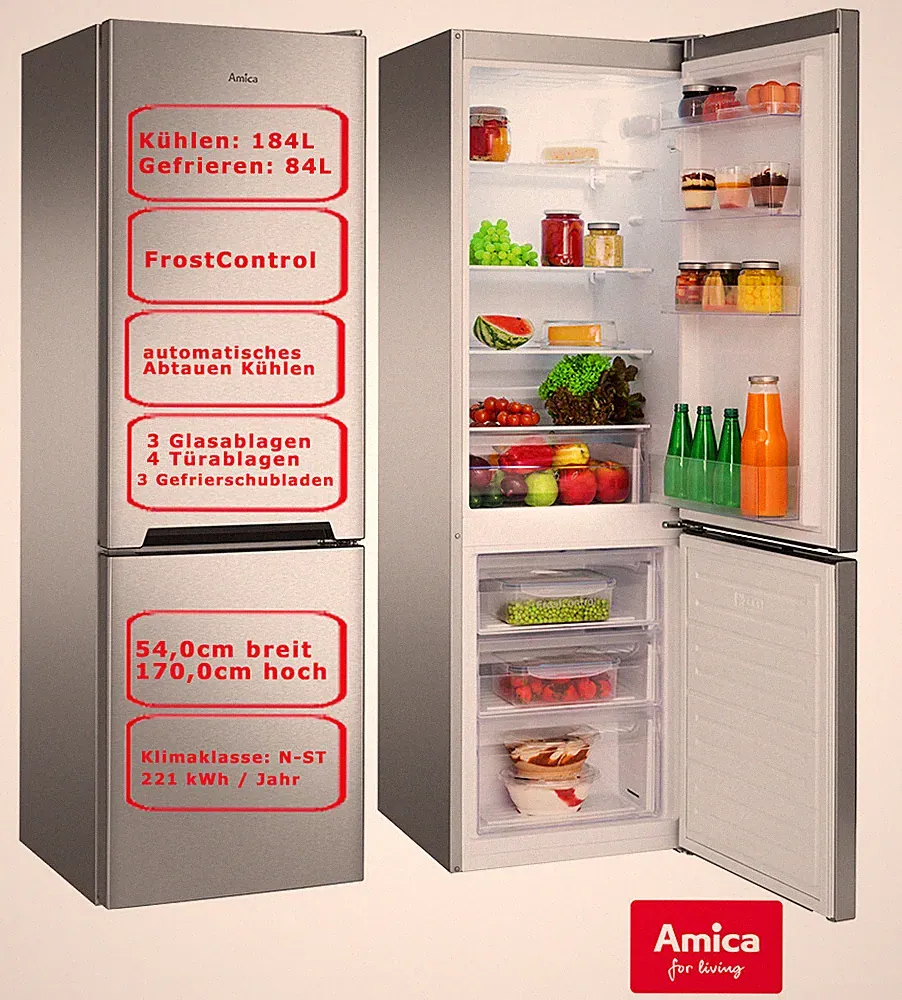 Amica Kühl-Gefrierkombination Silber 268L 170cm hoch Kühlschrank Edelstahloptik