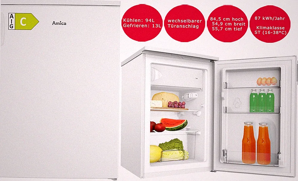 Amica Kühlschrank mit Gefrierfach EEK: C 107 L 85 cm hoch weiß 54,9 cm breit