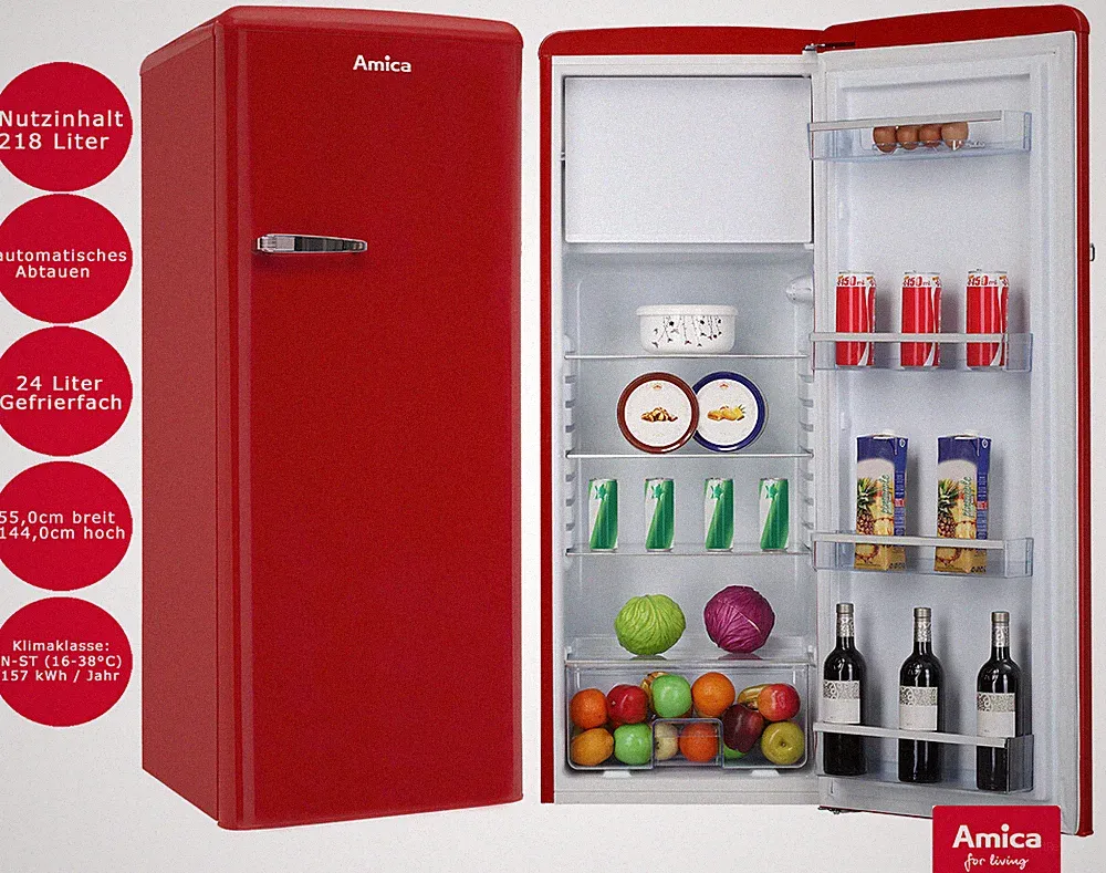 Amica Kühlschrank Rot 218L mit Gefrierfach 144cm hoch freistehend Retro Look