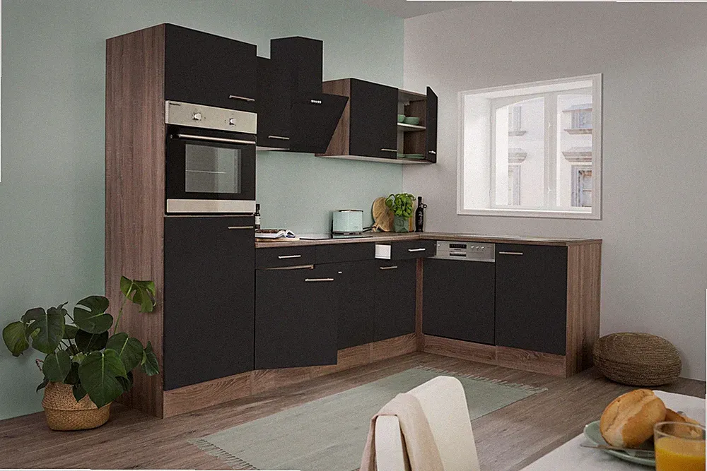Küche Küchenzeile Winkelküche Eiche York schwarz Oliver 280 x 172 cm Respekta