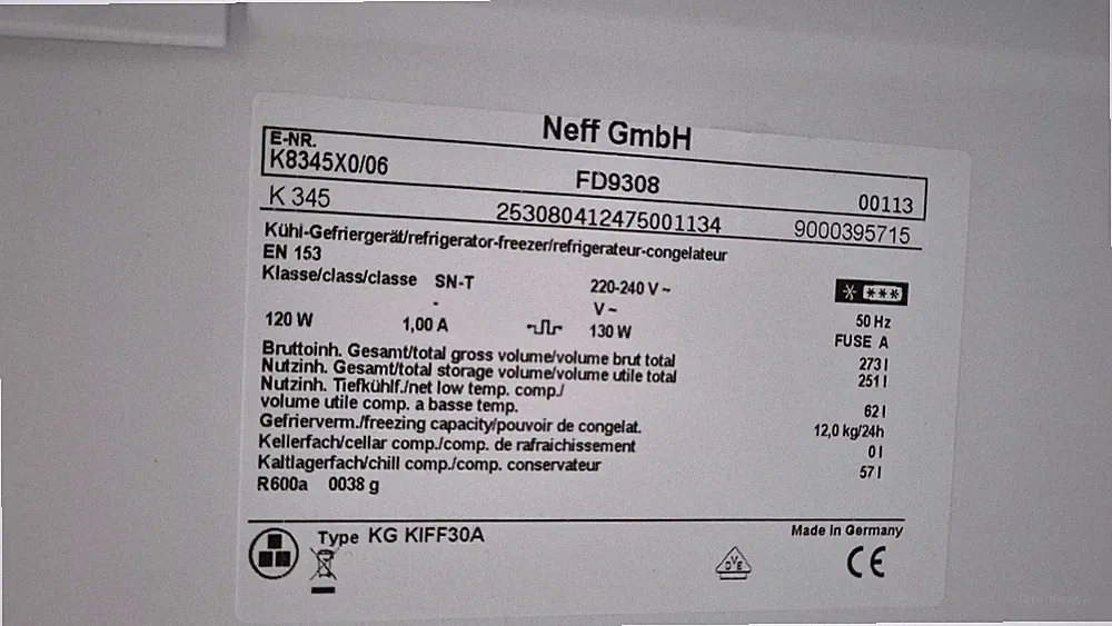 Kühl-/Gefrierkombination Einbau Neff E-Nr. K8345X0/06; no frost, vita fresh 0