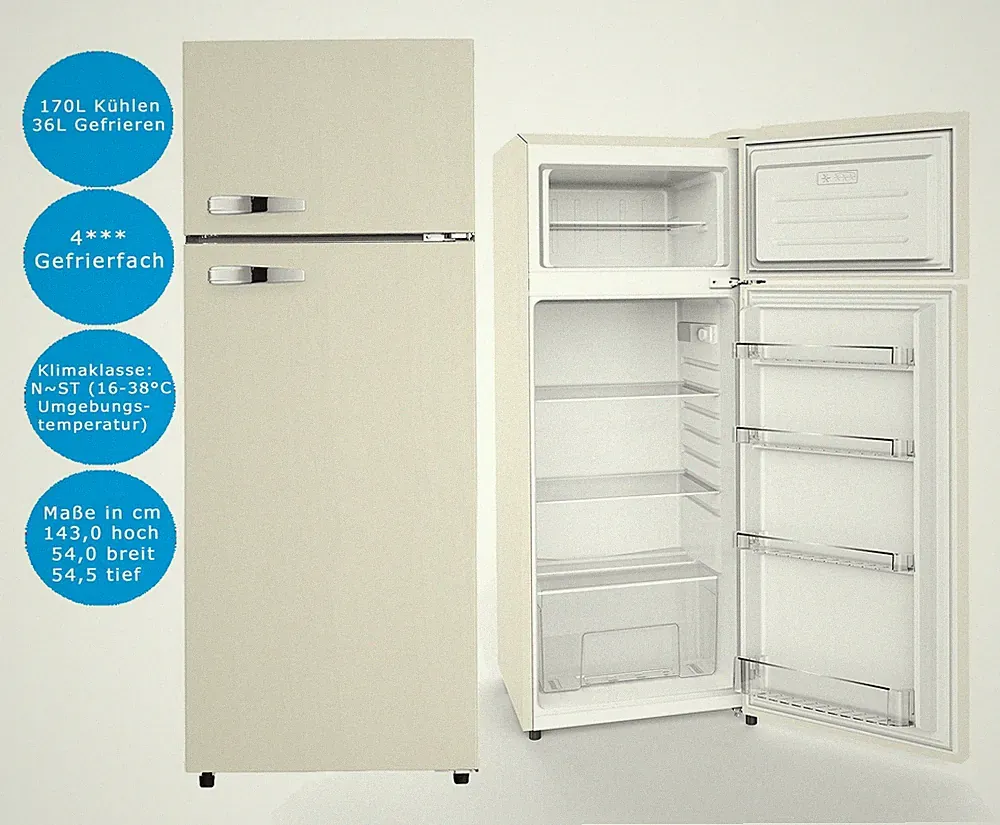 PKM Kühl-Gefrierkombination Beige 206 L LED Kühlschrank 143 cm hoch Retro