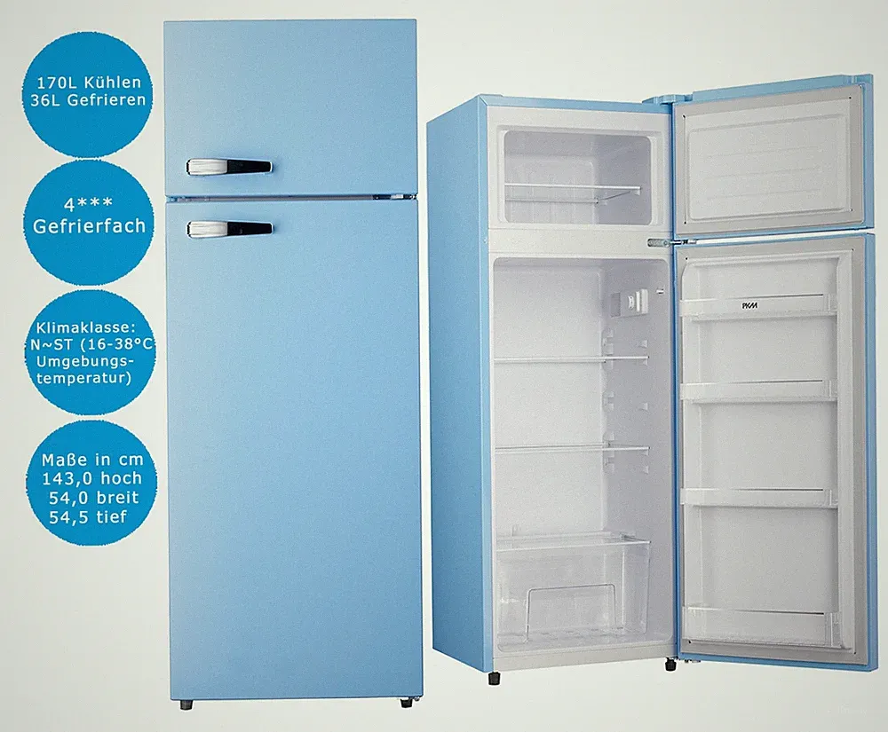 PKM Kühl-Gefrierkombination Blau 206 L LED Kühlschrank 143 cm hoch Retro