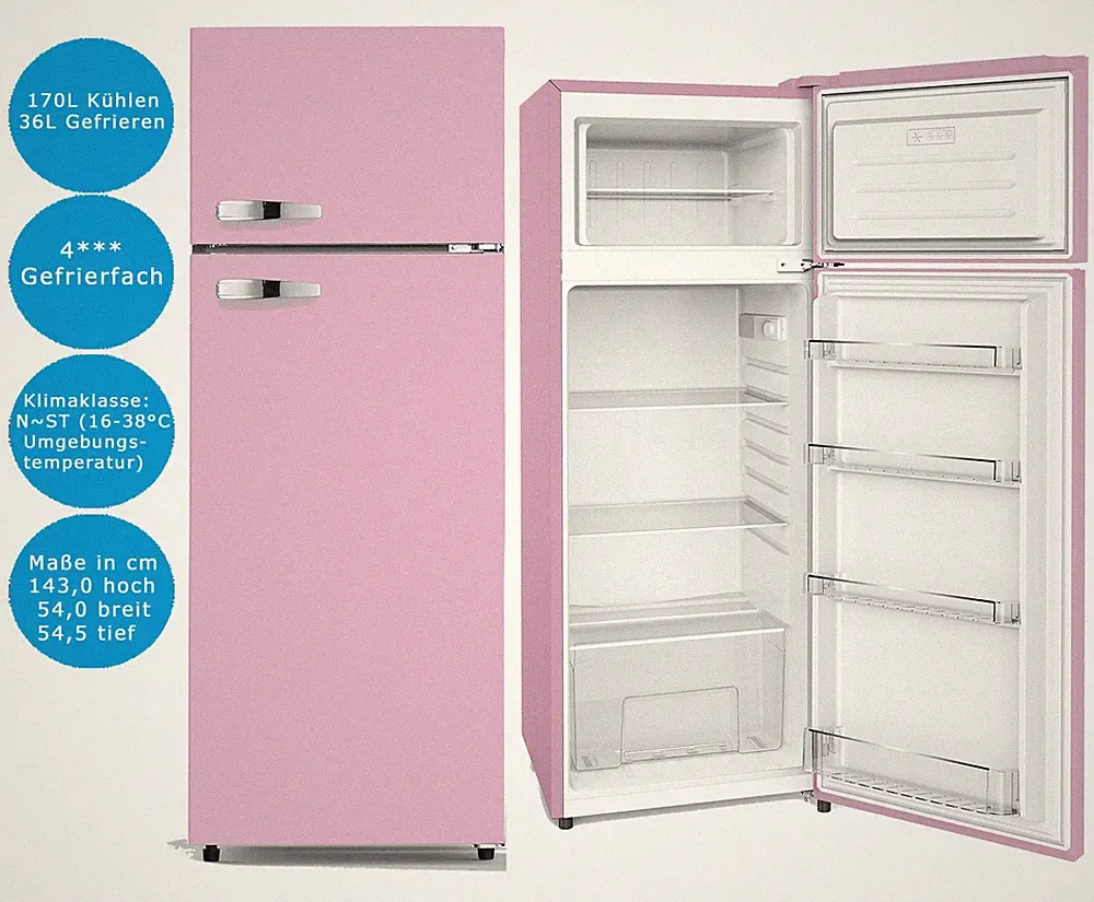 PKM Kühl-Gefrierkombination Pink 206 L LED Kühlschrank 143 cm hoch Retro