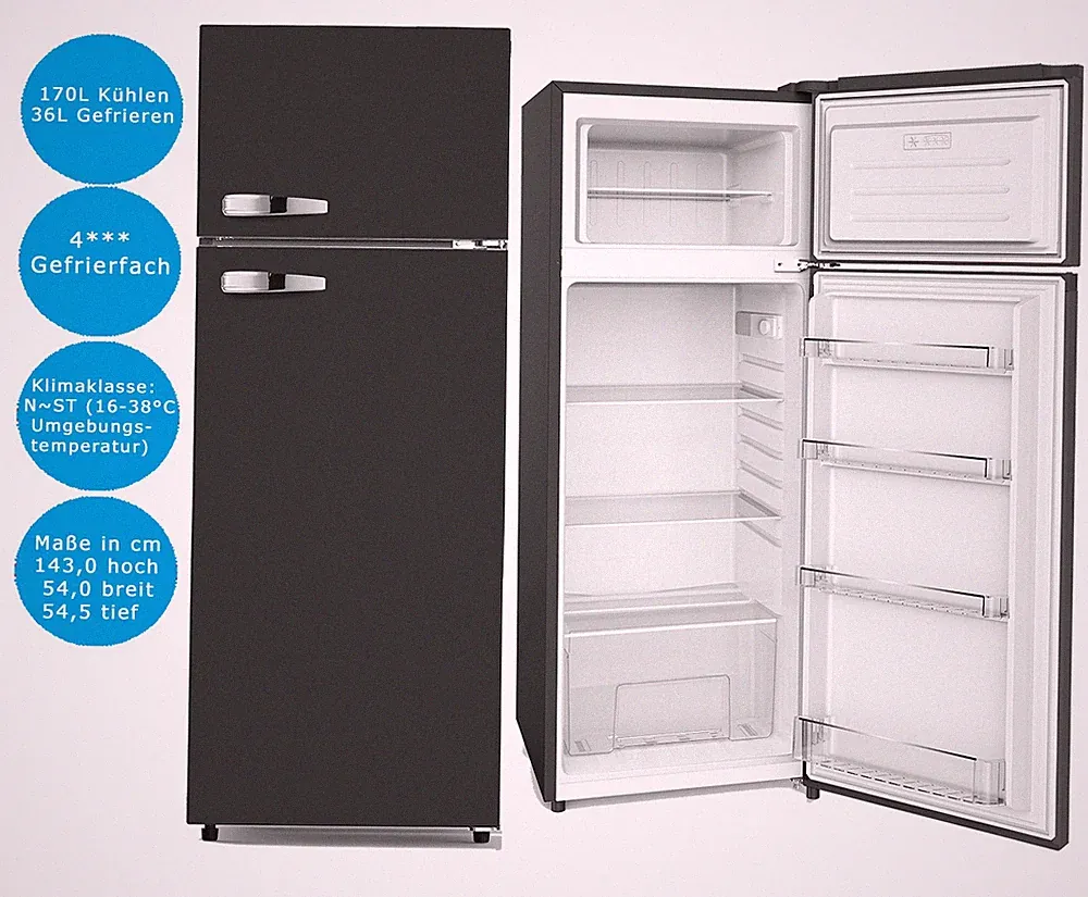 PKM Kühl-Gefrierkombination Schwarz 206 L LED Kühlschrank 143 cm hoch Retro