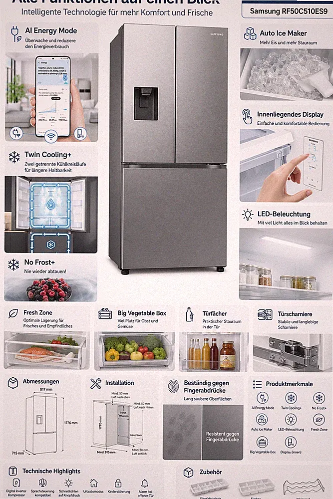 Samsung RF50C530ES9 French Door Kühlschrank 495L NoFrost Twin Cooling EEK E AI M