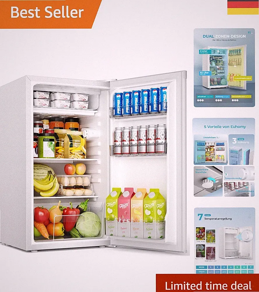 Ultra-Leiser Kühlschrank 91L mit 9L Gefrierfach - Energiesparend & Praktisch