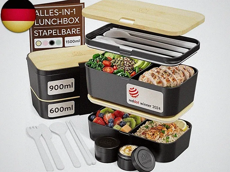 Umami Lunchbox Erwachsene Alles-in-Einem, Brotdose mit Fächern und 4 Bestecke