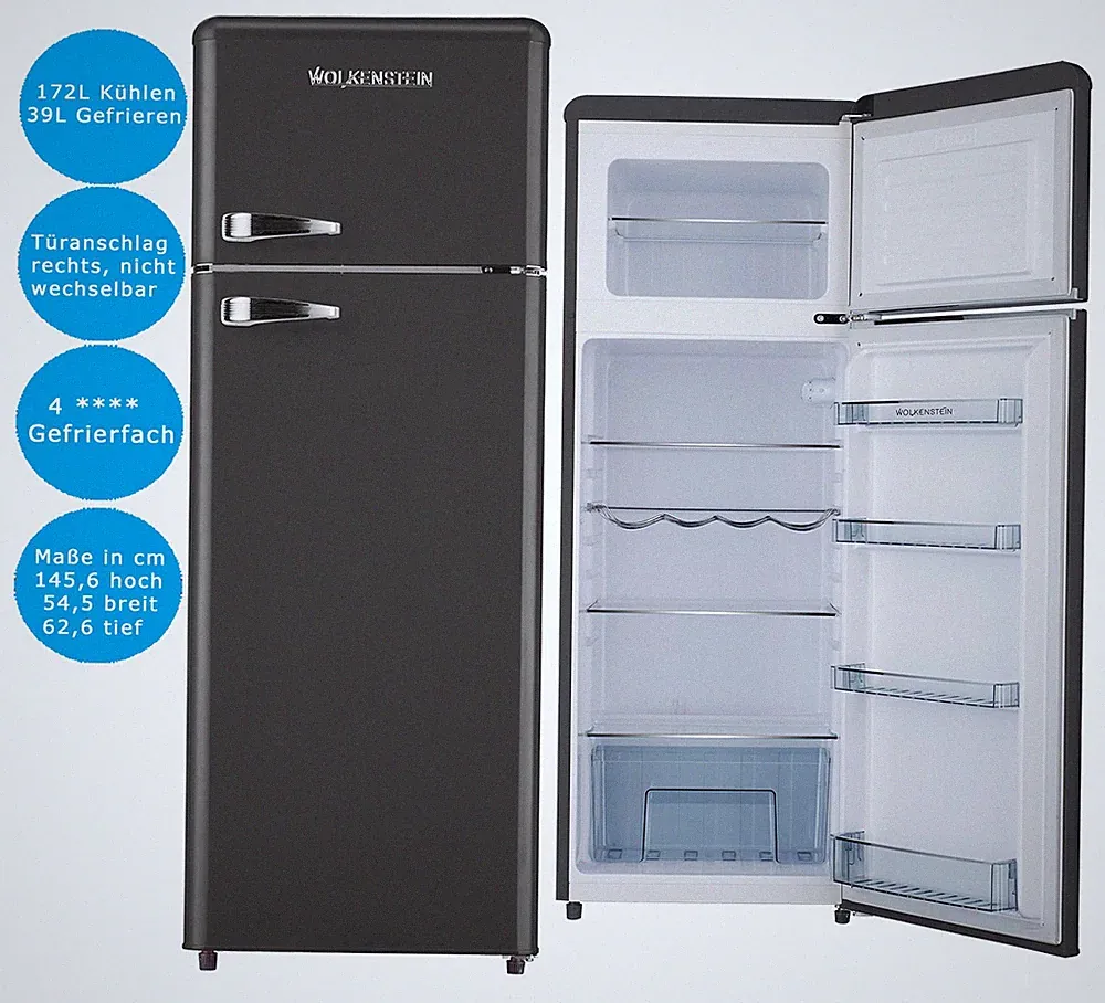 Wolkenstein Kühl-Gefrierkombination Schwarz 211 L freistehend Kühlschrank Retro